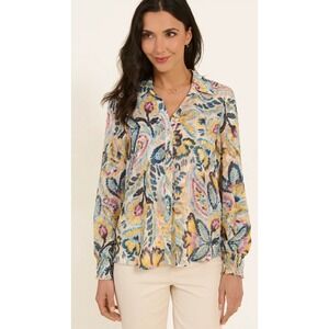 Naf Naf Abstract Floral Gold Button Luxury Ruffle Blouse , Women's XS colorful